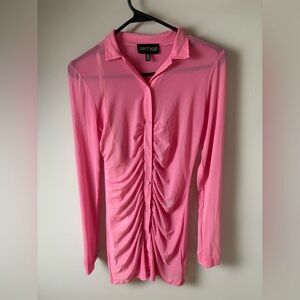 Dollskill Current Mood Sheer Pink Ruched Long Sleeve Button mini Dress